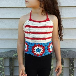 NWT Hand Crafted Crochet Girls Boho Patriotic Granny Square Halter Top 4/5